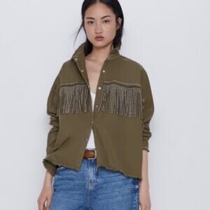 Zara Olive Green Fringe Shacket Size Medium
